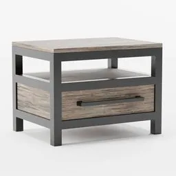 "Industrial Single Drawer Nightstand - 3D model for Blender 3D. A gray, grunge-style table featuring two drawers, rendered in Vue. This 3D model showcases gunmetal grey tones, wood block print, and subtle surface blemishes, perfect for creating realistic industrial scenes in Blender 3D."