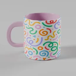 Colorful abstract doodle-patterned 3D printable mug created in Blender, suitable for 3D model enthusiasts.