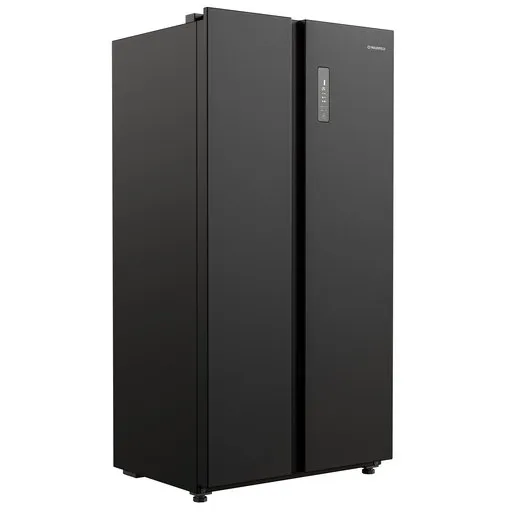 Detailed 3D model of a modern, black side-by-side refrigerator for Blender rendering projects.