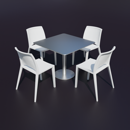 "Outdoor restaurant patio furniture - four chairs and table with black top rendered in Redshift for Blender 3D. Non-euclidean stylized silhouette with ambient occlusion and reflected light by Masolino. Perfect for Unity screenshot and interior design projects."