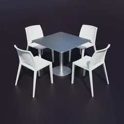 "Outdoor restaurant patio furniture - four chairs and table with black top rendered in Redshift for Blender 3D. Non-euclidean stylized silhouette with ambient occlusion and reflected light by Masolino. Perfect for Unity screenshot and interior design projects."