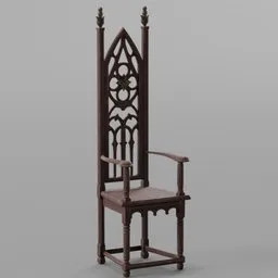 Detailed 3D render of a vintage wooden chair with intricate Gothic design for Blender modeling.