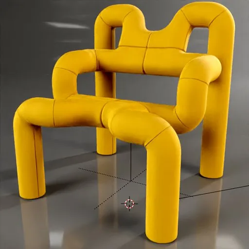 Yellow organic-shaped 3D model chair on a reflective surface, Blender 3D render, modern design.