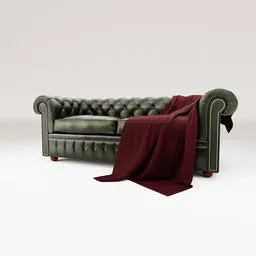 "Chesterfield Sofa in Dark Green - 3D Model for Blender 3D: Two-seat sofa with an exquisite design, featuring a dark green color and ornate detailing. Perfect for your next Blender 3D project or rendering. High-quality production model without textures."