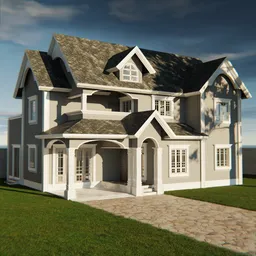 Detailed 3D rendering of a Victorian-style house model with intricate design, optimized for Blender.