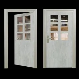 High-quality 3D model of white wood door with glass, optimized for Blender, showing open and closed states.