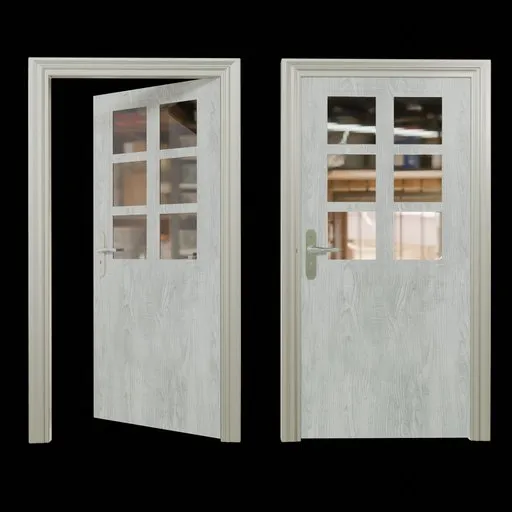 High-quality 3D model of white wood door with glass, optimized for Blender, showing open and closed states.