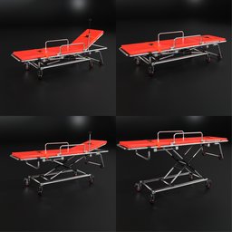 Detailed 3D model showcasing adjustable height ambulance stretcher, designed for Blender 3D, with a focus on realistic aluminum textures and mechanics.