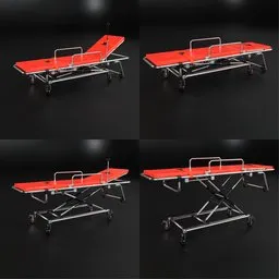 "Highly realistic and detailed ambulance stretcher with adjustable height, designed with Swiss precision and commercial use in mind. Made of sturdy dark plastic and aluminum construction. Compatible with Blender 3D software."