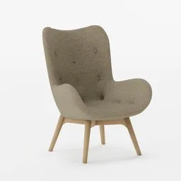 "Modern Armchair with Grey Knitted Upholstery and Wooden Base | 3D Model for Blender 3D Furniture Category". This alt text uses keywords from both user and AI generated descriptions to optimize SEO for Google image search.