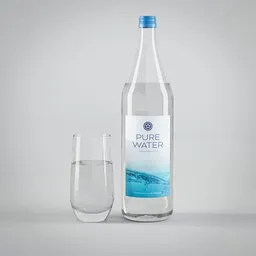 Realistic 3D model showcasing a transparent water bottle next to a matching glass, created in Blender.