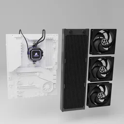 Detailed 3D render of Corsair h150i cooling system with radiator and fans for Blender graphics projects.