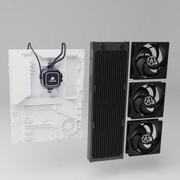 "A high-quality 3D model of the Corsair H150i RGB Pro XT computer hardware component, featuring a sleek and minimalist design. This Blender 3D model showcases a close-up view of the cooling unit, fan, and radiator. Perfect for creators looking to enhance their projects with detailed computer hardware visuals."