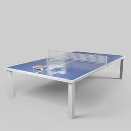 Detailed 3D model of a ping pong table with paddles and ball, suitable for Blender animation and rendering.
