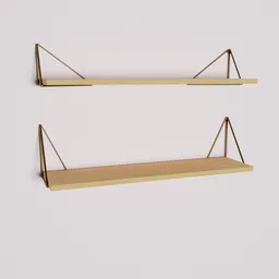 Detailed 3D Blender render of a modern wooden wall shelf with sleek triangular supports, ideal for interior scenes.