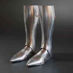 Detailed 3D model of historical metal foot armor with straps, ready for Blender, showcasing design accuracy to human anatomy.