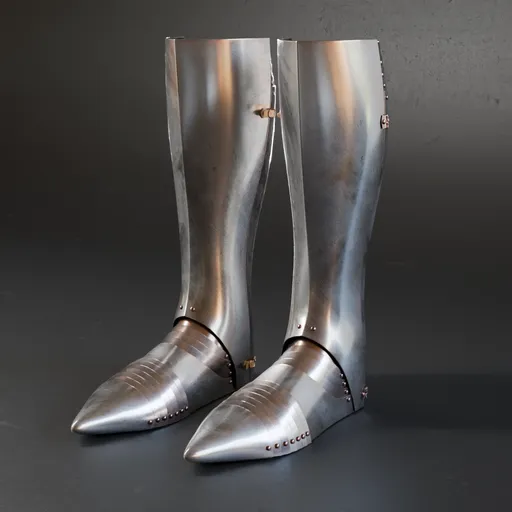 Detailed 3D model of historical metal foot armor with straps, ready for Blender, showcasing design accuracy to human anatomy.