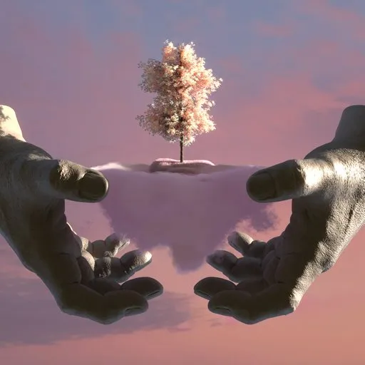 Surreal 3D-rendered scene of hands cradling a floating island with a single tree against a dusk sky.