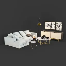 "Modern white and gold sofa set with coffee table and sideboard, inspired by Roar Kjernstad's post-war style. This 3D model, created in Blender 3D, includes real world textures and features cloth sim details. Great for interior design projects or virtual staging."