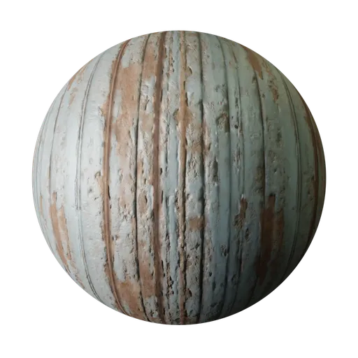 High-resolution PBR texture of weathered corrugated metal with blue paint and rust, ideal for 3D modeling in Blender.
