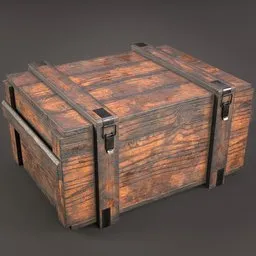"Lowpoly Industrial Wooden Box 3D model with metal handles and 2 texture variations, perfect for game assets or renders. Includes texture with and without label. Created with Blender 3D software."