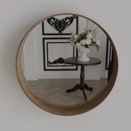 High-quality 3D model of round walnut framed mirror reflecting an interior scene, compatible with Blender.