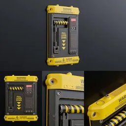 "Yellow and black construction lever switch 3D model for Blender 3D. Features orange safety labels and a nanotechnology design reminiscent of the Ghostbusters trap. Perfect for industrial or manufacturing scenes."