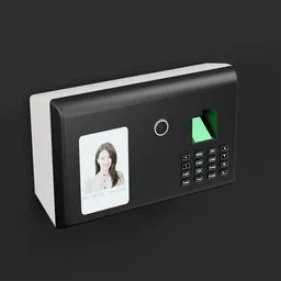 3D rendered fingerprint attendance device with keypad and display, suitable for Blender projects and animation.
