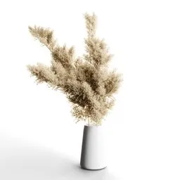 "3D model of Pampas Grass Bouquet created using geometric nodes in Blender 3D with 15 million faces. Features white vase with dried plants, furniture decor, and scattered golden flakes captured in a webGL render. Perfect for postminimalism and swiss design enthusiasts."