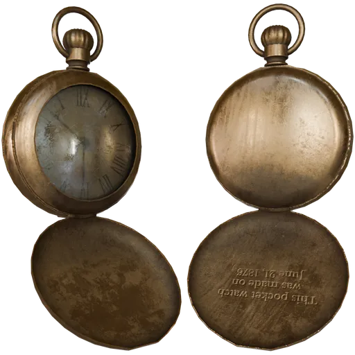 Detailed Blender 3D render of a vintage engraved brass pocket watch with Roman numerals.