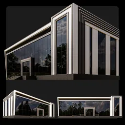 Architectural 3D render of a modern office building, showcasing reflective glass and sharp angles, suitable for Blender use.