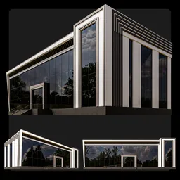 "Modern Office Building design by M3D, untextured and phong shaded, suitable for data center or classified government archive. This Blender 3D model features a ramp and door, with a Metal Gear-style vibe."