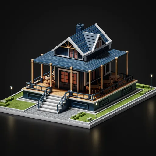 Isometric Blender 3D model showcasing an anime-styled structure with accessories, ideal for architectural visualization.