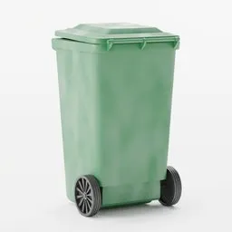 Green wheeled 3D trashcan model optimized for Blender exterior scenes.