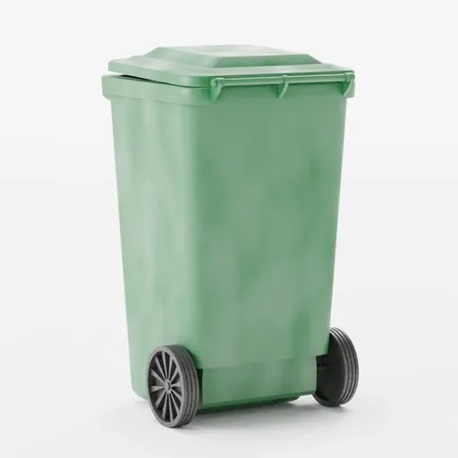 Green wheeled 3D trashcan model optimized for Blender exterior scenes.