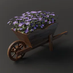 "Wooden wheelbarrow planter with purple flowers, perfect for rustic outdoor scenes - a high-quality and detailed 3D model in Blender, inspired by Ditlev Blunck and Mikhail Yuryevich Lermontov."