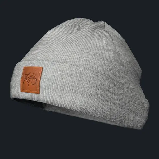 Textured 3D knit beanie model with detailed leather patch for Blender rendering.