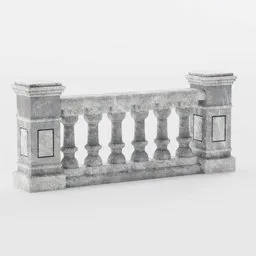 "Stone balcony balustrade designed in classical Greek or Roman style for Blender 3D. Features include white stone railing with intricate ornamentation, columns, and a window. Perfect for adding a touch of ancient history to your 3D marketplace or RPG game."