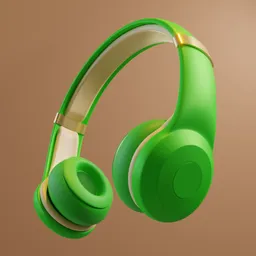 Detailed green and gold wireless headphones 3D model rendered in Blender, showcasing realistic textures and lighting.