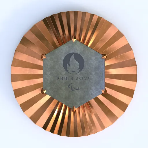 3D rendered bronze medal with embossed Olympic logo for Paris 2024, showcasing fine detail and texture.