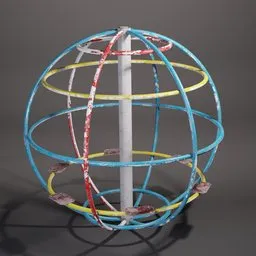 "Vintage playground sculpture of a rusted globe encircled by wire, rendered with PBR textures for Blender 3D. Inspired by Johann Heinrich Meyer and the 1950s scrambler and carousel rides, this 80s retro arcade piece features worn paint, asphalt and metal stand, and an artstyle from mappa studio. Perfect for outdoor 3D design projects."