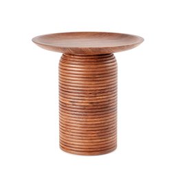 "Small walnut accent table featuring a minimalist round design. No legs and crafted with high-quality wood. Perfect for adding a touch of elegance to any space."