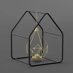 3D geometric candle holder model suspended in wireframe house designed for Blender rendering.