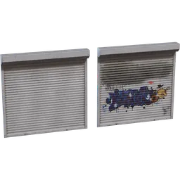 Detailed 3D model of an industrial rollershutter with and without graffiti for Blender rendering.