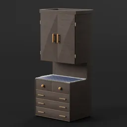 Detailed Blender 3D model of a modern dark wardrobe with open drawers and brass handles.