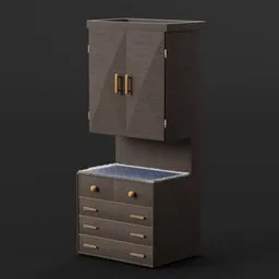 "Explore the exquisite Dark Wardrobe 3D model designed in 2019 using Blender 3D software. This cabinet is inspired by Okada Beisanjin and features a drawer and door, cloth accessories, and a stunning dark color scheme. Discover every detail of this wardobe from the 2D side view with a high sample render and UI, perfect for any animation style rendering project."