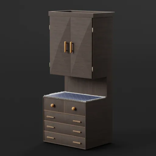 Detailed Blender 3D model of a modern dark wardrobe with open drawers and brass handles.