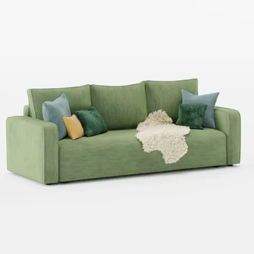 Detailed 3D model of a green convertible sofa with cushions for Blender rendering and visualization.