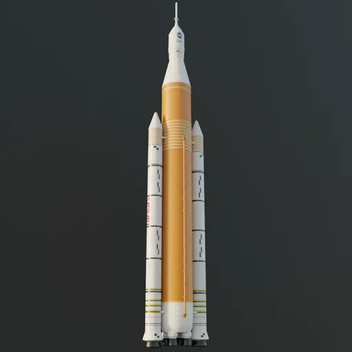 Detailed 3D rendering of NASA's Space Launch System (SLS) Rocket, compatible with Blender for animation.