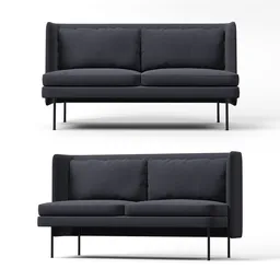 "Modern Bloke Sofa 3D Model for Blender 3D - Featuring Golden Velvet Material Variation for Interior Visualization. Symmetrical fullbody rendering by Olaf Gulbransson, showcasing ideal proportions and a black and blue color scheme. Front, back, and side views available, enhancing the product view and reconstruction experience."
